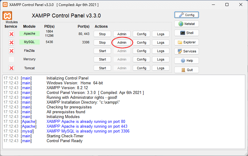 Click on the MySQL Admin button in the XAMPP control panel