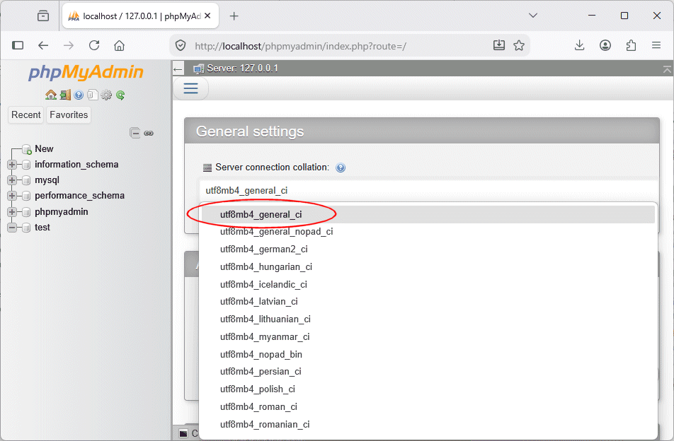 Select the required server connection collation on the phpMyAdmin home page