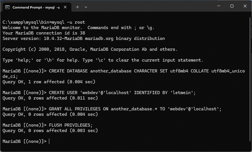 The MySQL command window should look like this