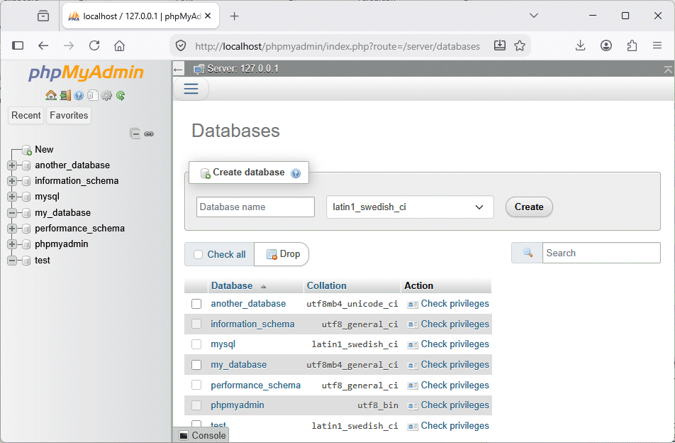 The webdev user has all privileges except GRANT