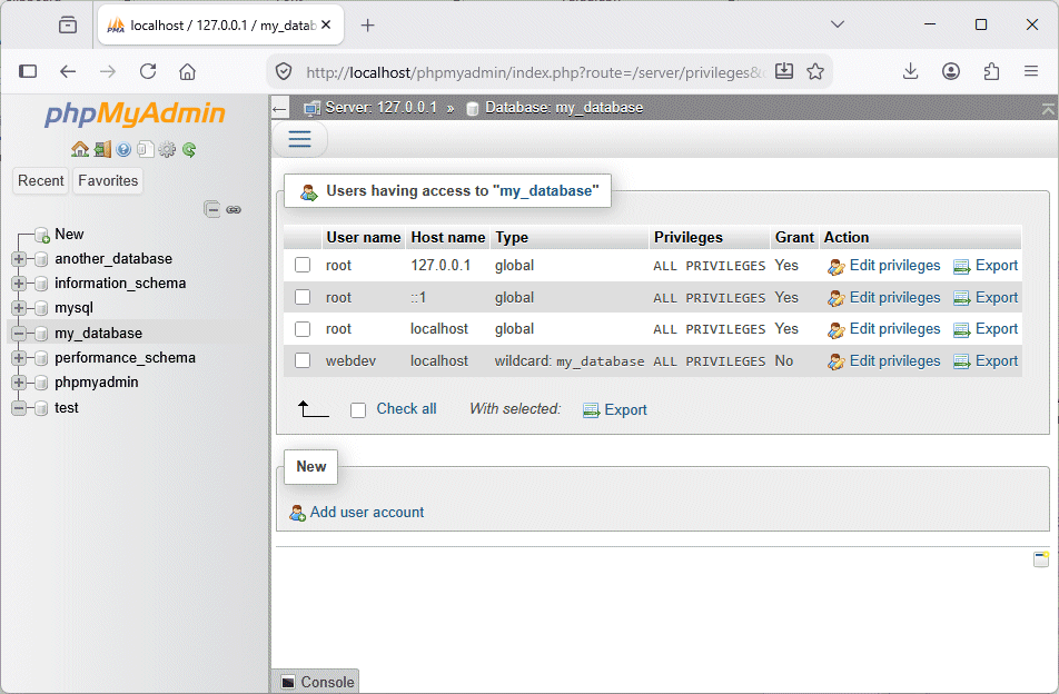 User webdev now has the same privileges for my_database