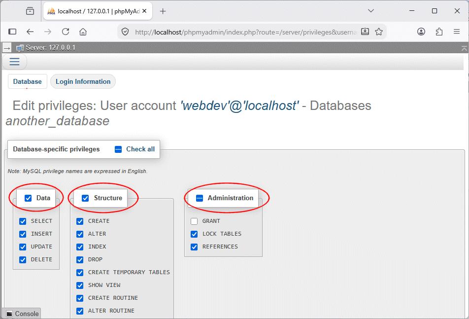 Uncheck the checkboxes next to Data, Structure and Administration