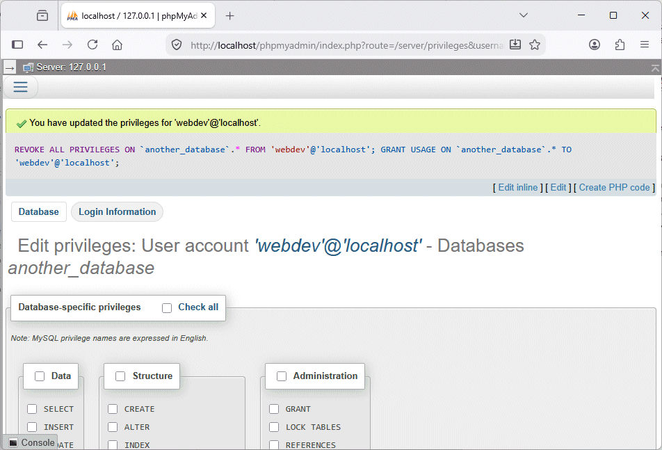 All database privileges have been removed from the webdev user