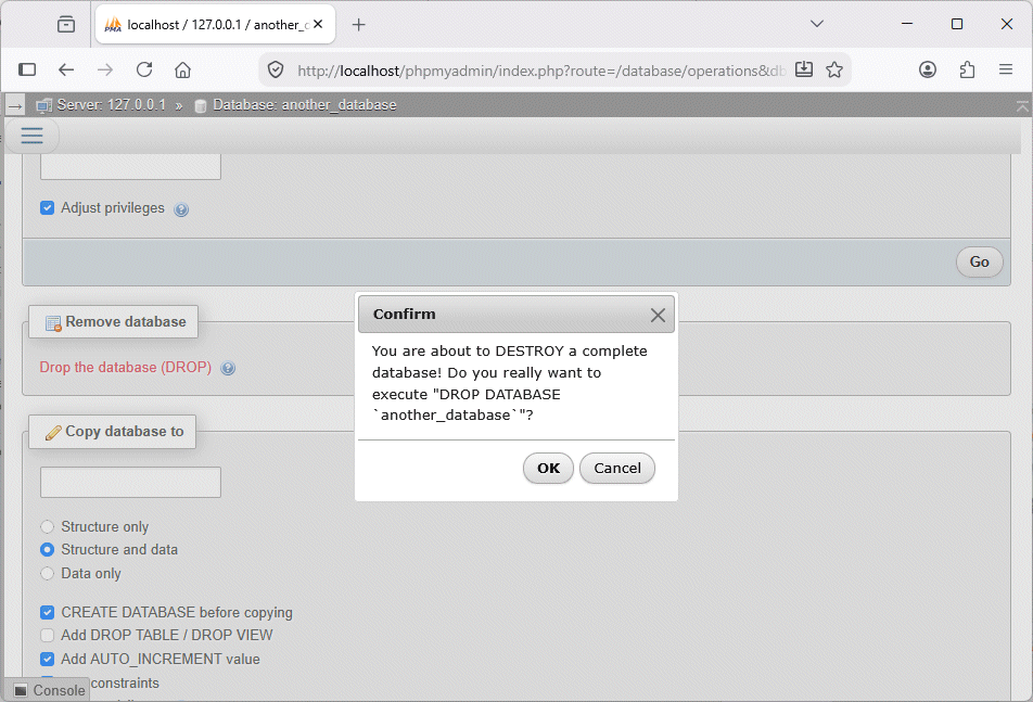 Click on the OK button to completely remove the database