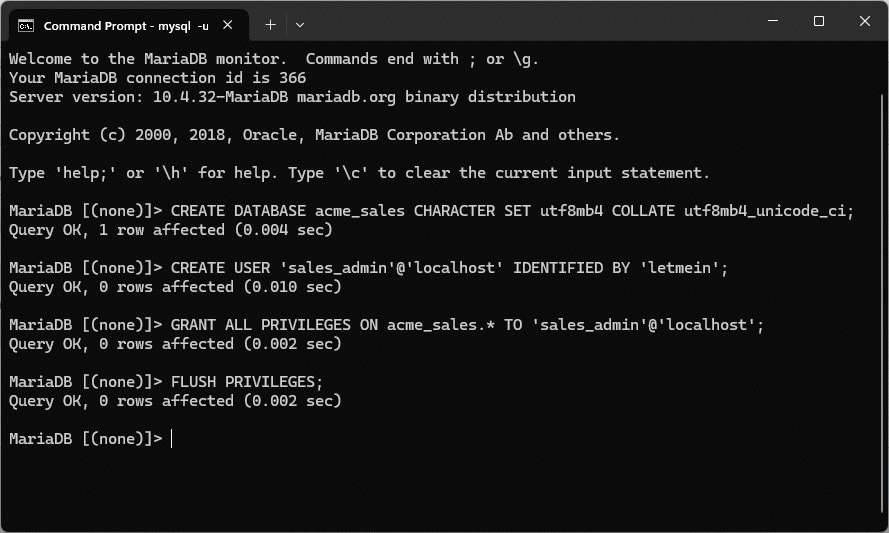 Your MySQL command window should now look like this