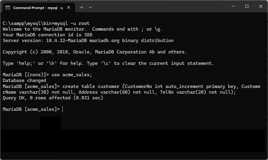 The MySQL command window should now look like this