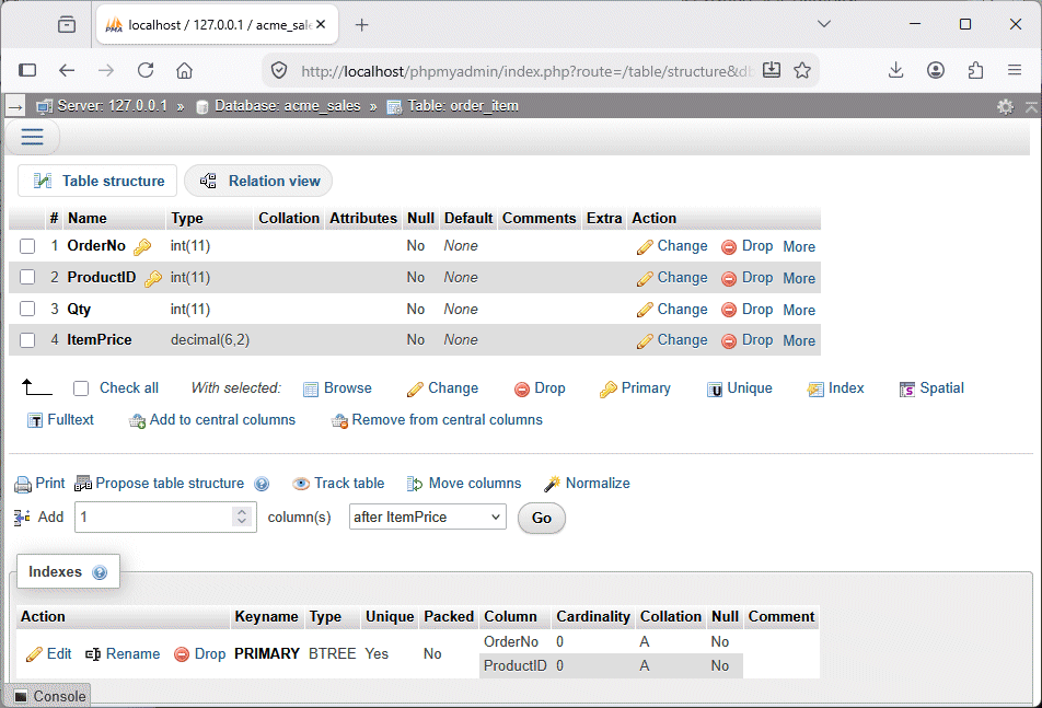 The order_item table now has additional constraints, including a compound primary key