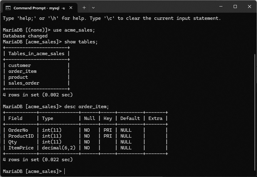 The desc command shows the fields and their datatypes